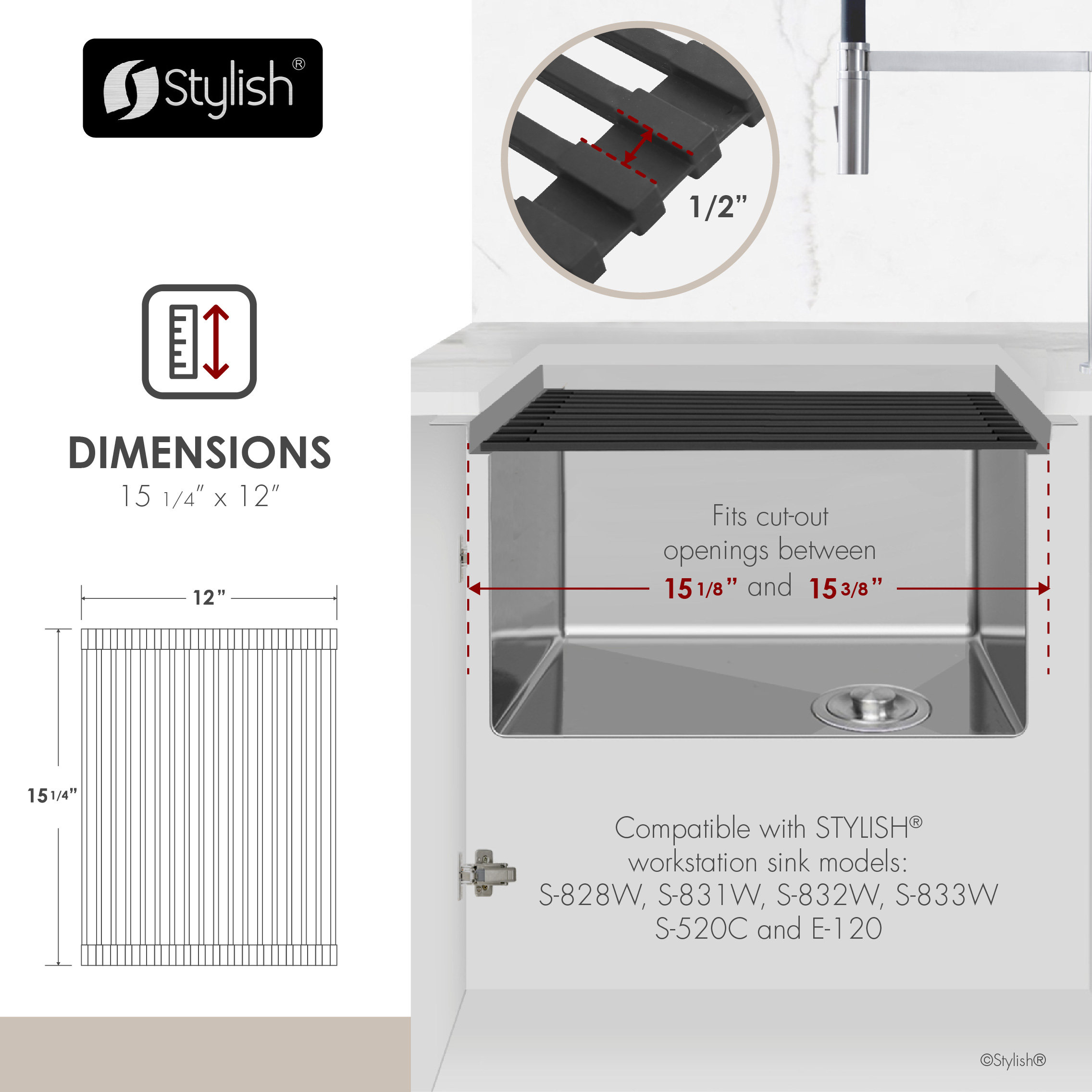 STYLISH 15 1/4" Black Workstation Sink Roll-up Drying Rack/Trivet