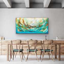Preethi Arts - 48"x24" The Storm Original Large Modern green teal coastal sea Painting - Paintings