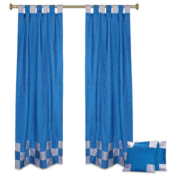 4 Pc Set Indian Sari Curtains & Cushion Covers - Boho Tab Top  - Turquoise 96"