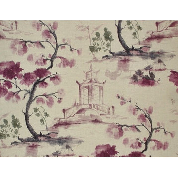 Oriental Toile Fabric Purple Ink Wash Painting Literati Pagoda, Standard Cut