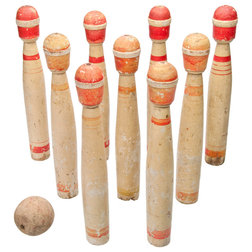 Farmhouse Board Games And Card Games Consigned Vintage French Wood Skittles With Ball, Set of Nine