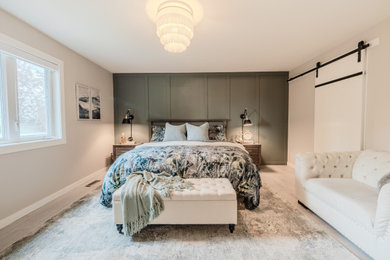 Transitional master laminate floor, gray floor and wainscoting bedroom photo in Edmonton