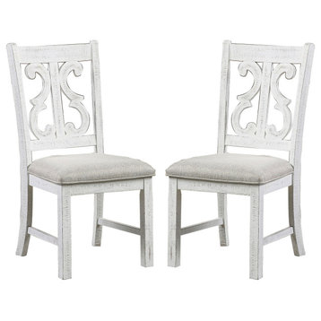 Benzara BM235502 Scroll Back Wooden Side Chair With Padded Seat, Set of 2, White