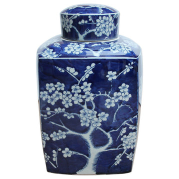 Blue and White Cherry Blossom Porcelain Square Tea Jar Caddie 14"