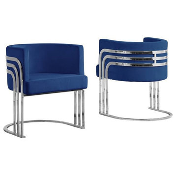Maklaine Navy Blue Velvet Accent Barrel Leisure Chair with Silver Chrome Legs