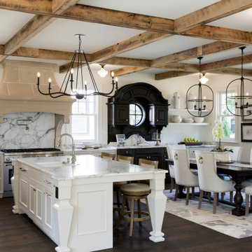 Reclaimed Wood Box Beams Coffered Ceiling in a Grand Kitchen and Dining Room
