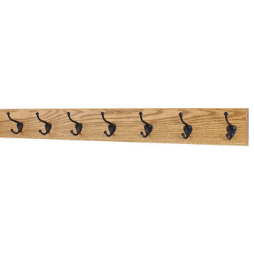 Solid Oak Wide Wall Coat Rack, Bronze Hooks, Golden Oak, 36"x4.5", 7-Hooks
