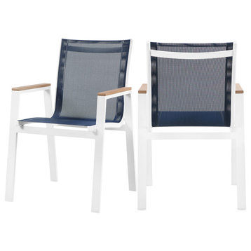 Nizuc Outdoor Patio Dining Chair (Set of 2), Navy Fabric, Brown Arms