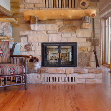 Reclaimed Douglas Fir Flooring and Mantel in a Log Home Living Room