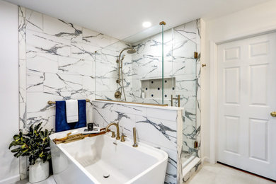 Example of a large minimalist master vinyl floor, gray floor and double-sink bathroom design in Other with recessed-panel cabinets, blue cabinets, a bidet, white walls, an undermount sink, quartz countertops, a hinged shower door, white countertops and a built-in vanity