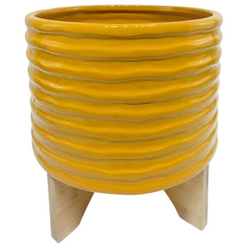Ceramic 8" Textured Planter With Stand, Mustard