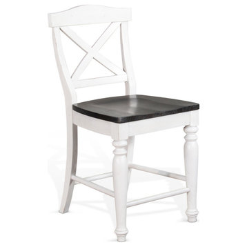 Two Tone Distressed White Wood Crossback Counter Height Barstool Wood Seat