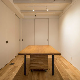 Photo of a contemporary look-out basement in Tokyo with white walls and plywood flooring.