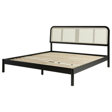 Bohemian Platform Bed, Hardwood Frame With Natural Rattan Headboard, Black