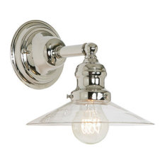 Light Wall Sconce Polished Nickel Finish 8" Wide, Clear Mouth Blown Glass Shade