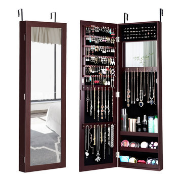 Costway Wall Door Mounted Mirrored Jewelry Cabinet Armoire Storage Brown
