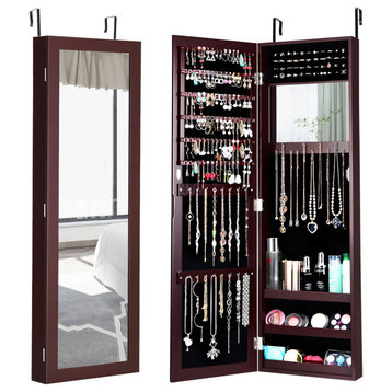 Costway Wall Door Mounted Mirrored Jewelry Cabinet Armoire Storage Brown