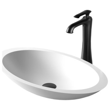 Karran White Acrylic 23" Oval Vessel Sink With Faucet Kit, Matte Black