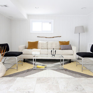 Inspiration for a medium sized midcentury basement in Chicago with white walls and travertine flooring.