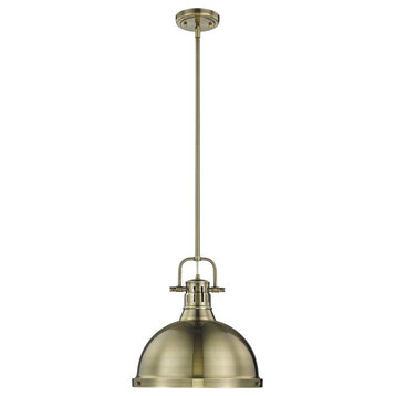Duncan 1-Light Pendant With Rod, Aged Brass, Aged Brass Shade