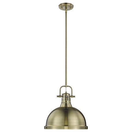 Duncan 1-Light Pendant With Rod, Aged Brass, Aged Brass Shade