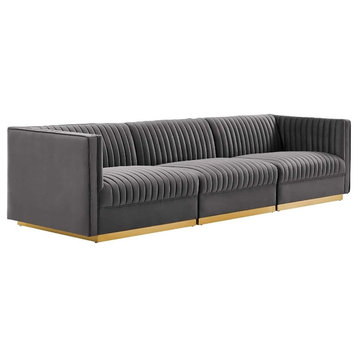 Modway Sanguine 3-Seat Velvet Modular Sectional Sofa in Gray