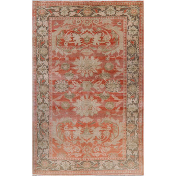 Turkish Vegetable Dye French Toile Oriental Hand-Knotted Area Rug, Orange, 6 X 9