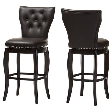 Leonice Faux Leather Button-Tufted Swivel Bar Stools, Set of 2, Dark Brown