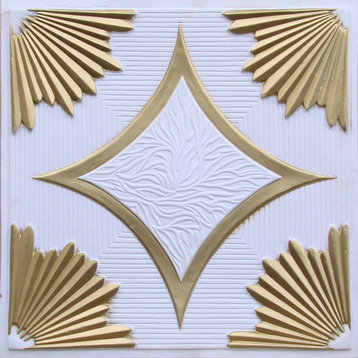 24"x24" D201 PVC Faux Tin Ceiling Tiles, Fire Rated, Set of 6, White Matte/Gold