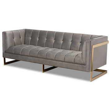 Baxton Studio Ambra Modern Velvet and Gold Finish Sofa in Gray