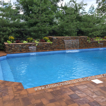 Nicolock Paver Pool Patio with Triple Stone Veneer Waterfalls, Lindenhurst, N.Y.