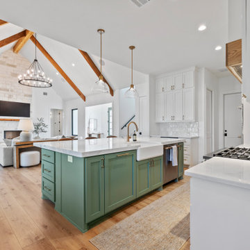 Modern Lakeside Farmhouse Open-Concept Kitchen with Sage Green Island