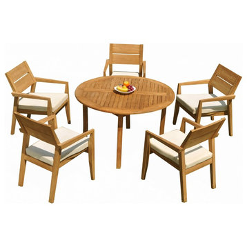 6-Piece Outdoor Teak Dining Set: 48" Round Table, 5 Celo Stacking Arm Chairs