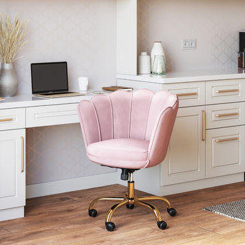 Kaylee Office Chair Upholstered Velvet Seashell Swivel Desk Chair, Pink-Gold