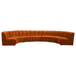 Meridian Furniture - Infinity Channel Tufted Velvet Modular Chair, Cognac, 7 Piece - Create a seating group that works for every possible situation with this Infinity modular 7-piece sectional and other pieces in the Infinity collection. Upholstered in soft cognac velvet material that feels great against the skin and offers long-wearing beauty, this piece fits with other Infinity items for an infinite number of combinations that get your seating requirements just right but that look just as nice when used on their own.