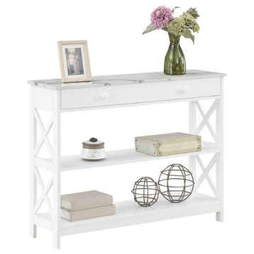Oxford One-Drawer Console Table with Shelves in White Wood with Faux Marble Top