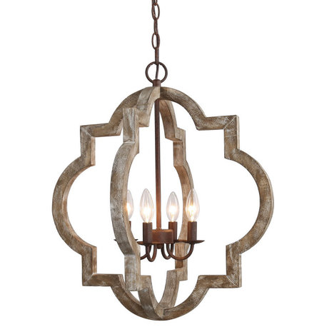 LALUZ Farmhouse 4-Light Wood Lantern Cage Chandelier 24.2″H × 21.7″W