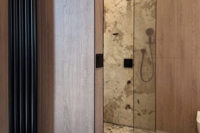 Design ideas for a large modern wet room bathroom in Glasgow with a freestanding bath, a wall mounted toilet, ceramic tiles, ceramic flooring, a wall-mounted sink, tiled worktops, an open shower, double sinks, a floating vanity unit and a drop ceiling.
