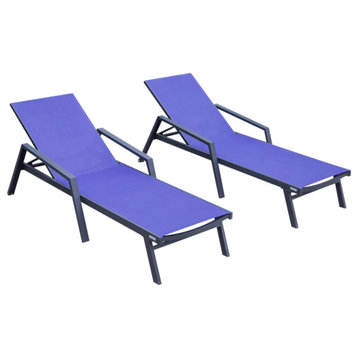 LeisureMod Marlin Patio Chaise Lounge Chair Black Arms Set of 2, Navy Blue