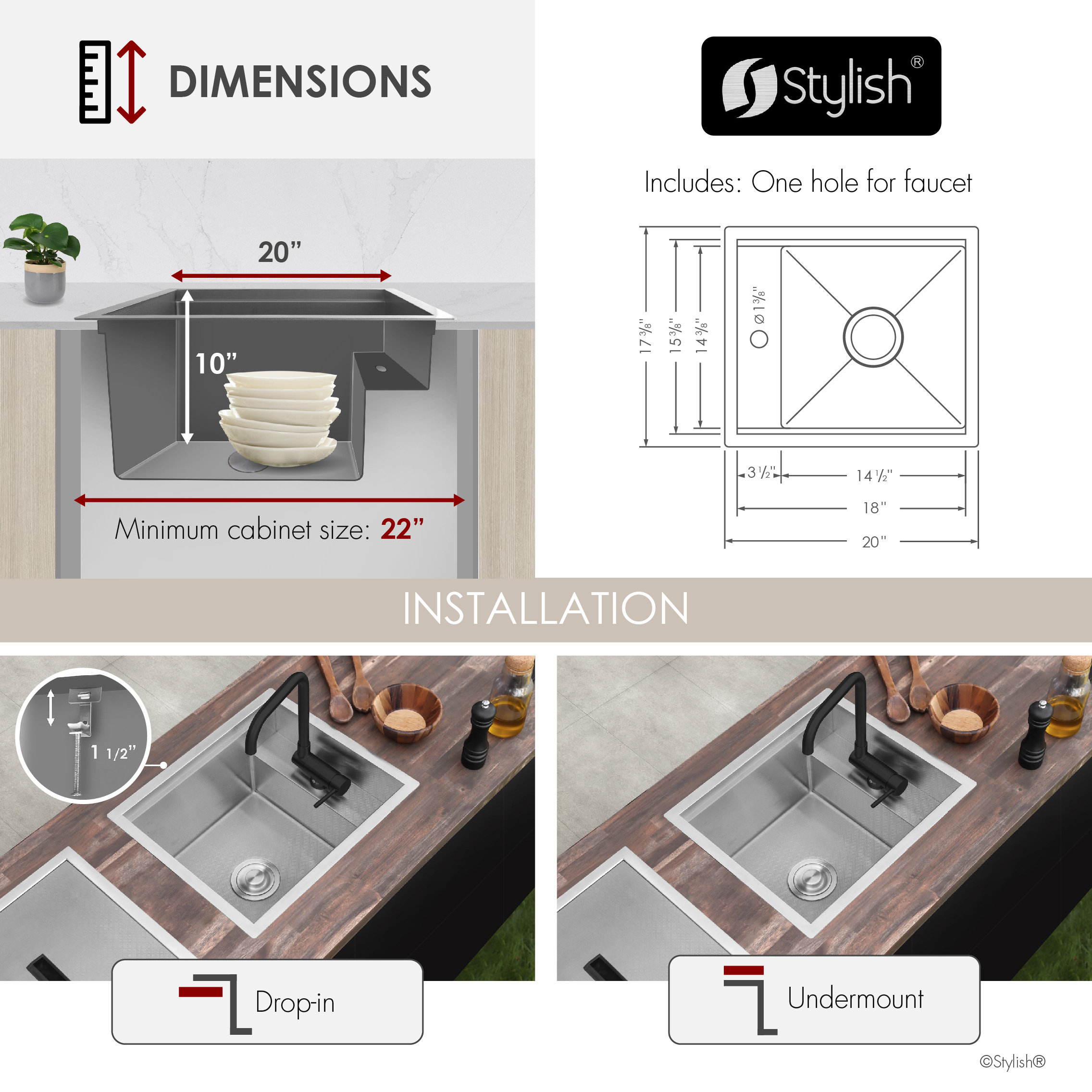 Concealed Dual-Mount Steel Utility Sink 20", 1-Hole Prep Sink, Dura-Tek, Black