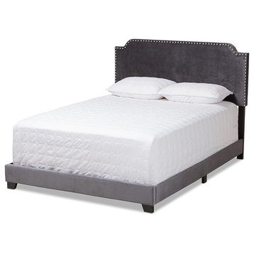 Darcy Luxe and Glamour Dark Grey Velvet Upholstered Queen Size Bed
