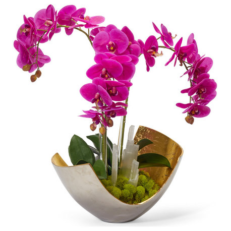 Orchids in Mixed Metal Scoop, Fuchsia With Selenite