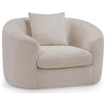 Meridian Furniture - Penelope Upholstered Chair, Beige, Chenille Fabric - Discover the sophisticated charm of the Penelope chair, crafted in luxurious soft navy chenille fabric. This elegant piece features a solid wood inner frame for durability and a contemporary design that elevates any space. Included pillows enhance its comfort and style, making it an ideal centerpiece for gatherings. Transform your home with the true embodiment of refined taste and timeless beauty.