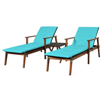 Costway 3PCS Patio Rattan Lounge Chair Folding Table Set Cushioned Turquoise