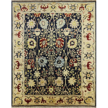 Signed Navy Blue & Ivory Floral 8'x10' Chobi Hand Knotted Wool Area Rug
