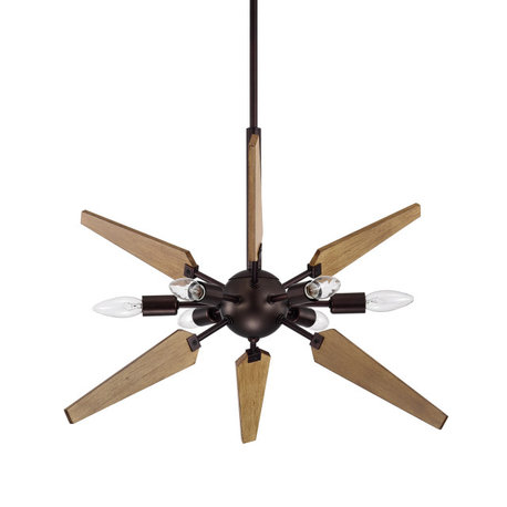 6-Light Wood and Oil Rubbed Bronze Sputnik Chandelier, Mid-Century Pendant