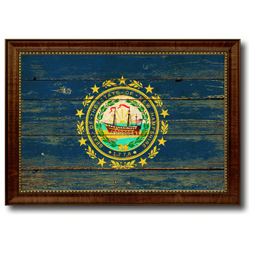 New Hampshire State Vintage Flag Print With Brown Gold Frame, 19"X27"