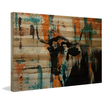 "Orange Teal Steer" Painting Print on Natural Pine Wood, 45"x30"