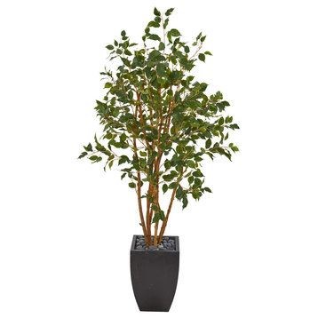 Nearly Natural 4.5' Ficus Artificial Tree in Ribbed Metal Planter