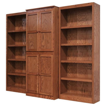 Traditional 72" Tall 15-Shelf Wood Bookcase Wall with Doors in Dry Oak